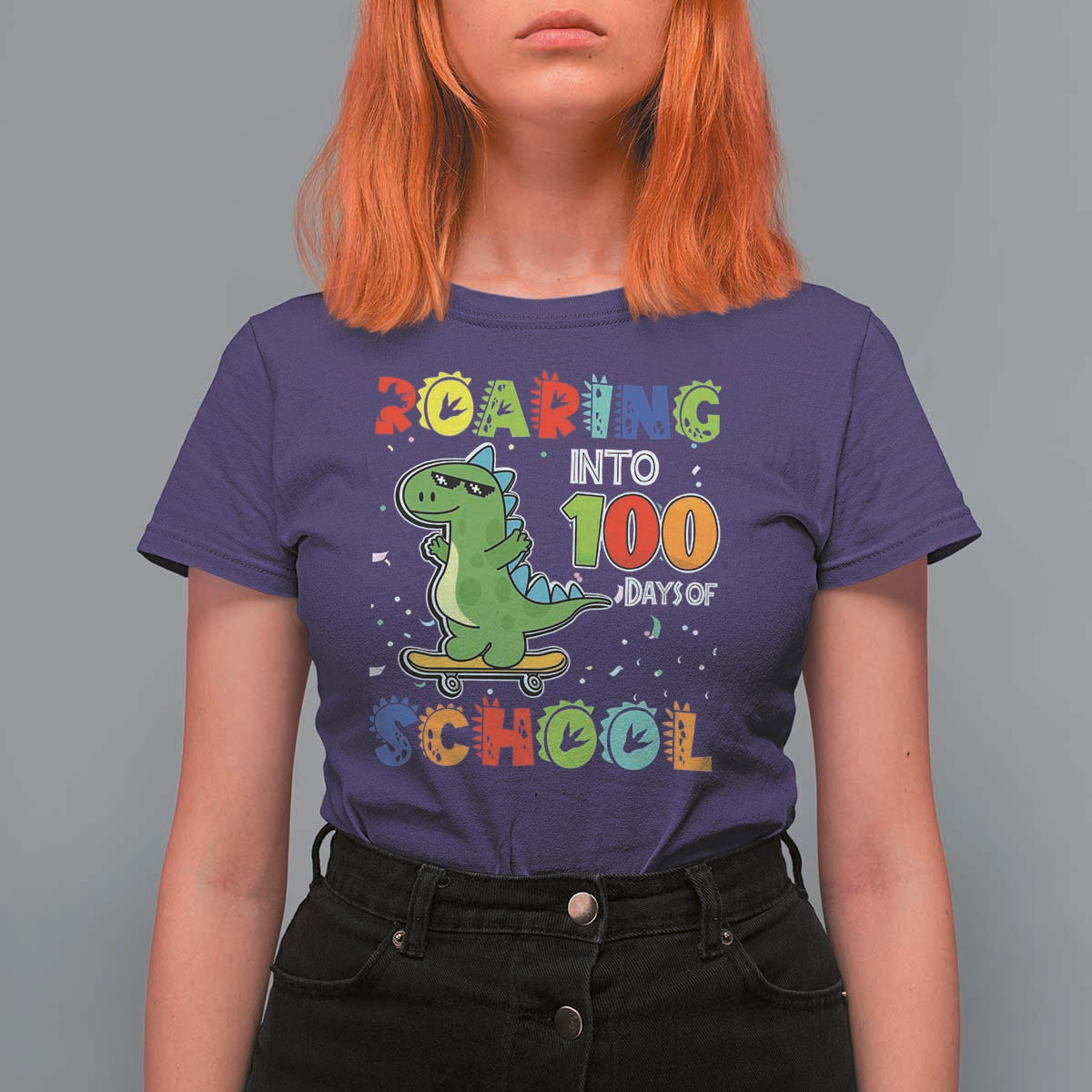 100 Days Of School Dinosaur T Shirt For Women Trex Dino Skateboard Skateboarding Boys Roaring Into 100th Day - Wonder Print Shop
