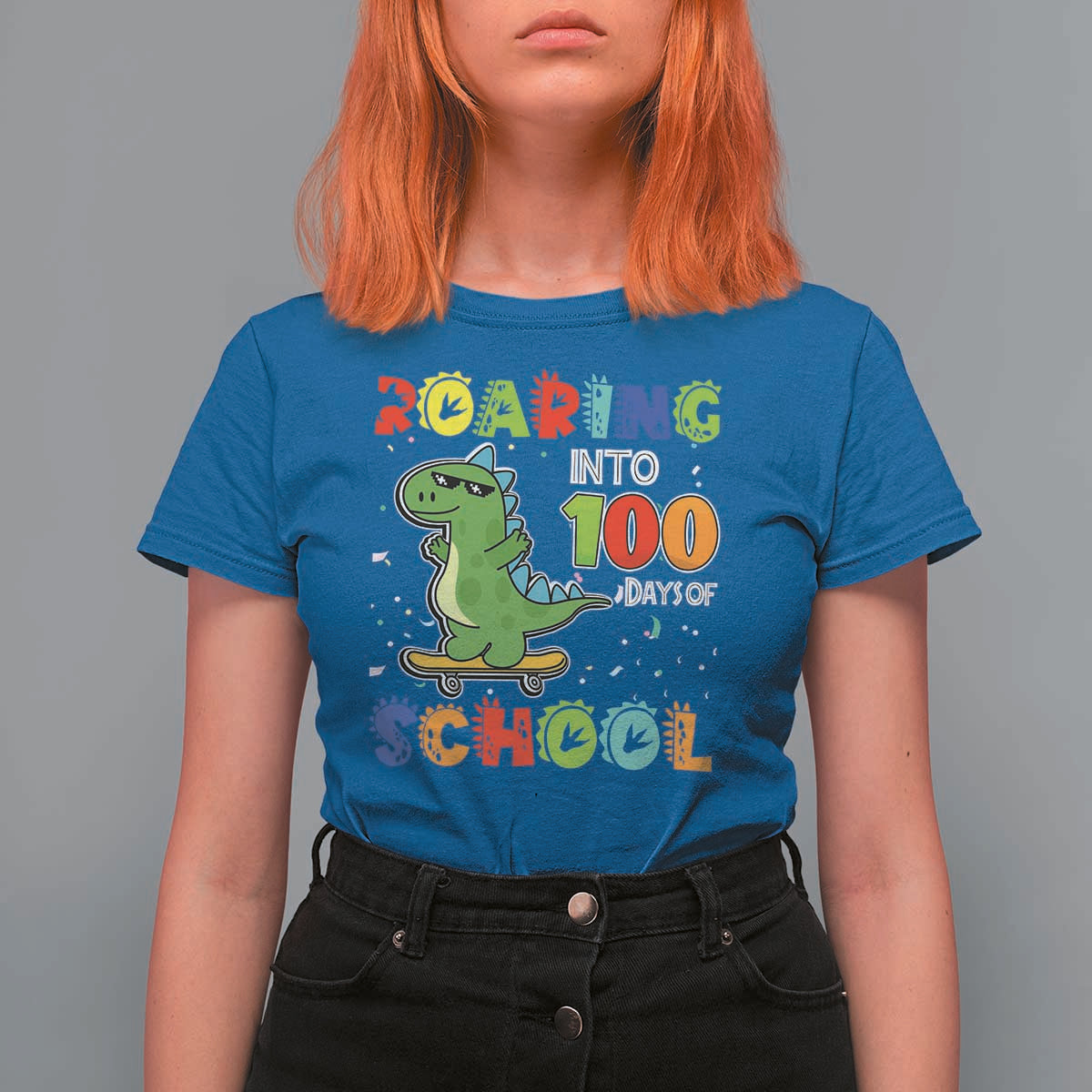 100 Days Of School Dinosaur T Shirt For Women Trex Dino Skateboard Skateboarding Boys Roaring Into 100th Day - Wonder Print Shop