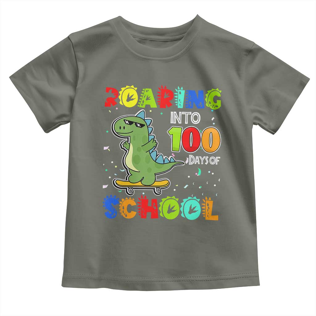 100 Days Of School Dinosaur Toddler T Shirt Trex Dino Skateboard Skateboarding Boys Roaring Into 100th Day