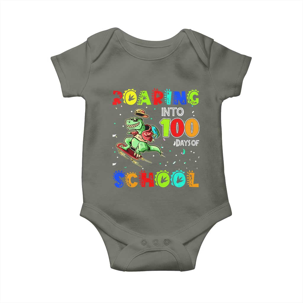 Funny Dinosaur Trex Roaring Into 100 Days Of School Baby Onesie