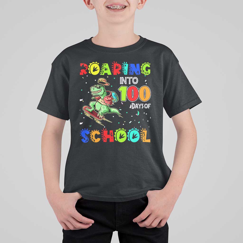 Funny Dinosaur Trex Roaring Into 100 Days Of School T Shirt For Kid - Wonder Print Shop