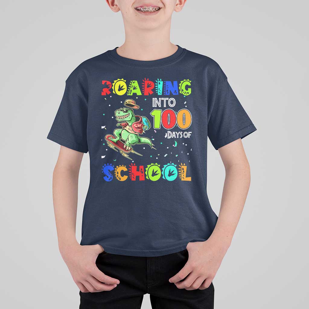 Funny Dinosaur Trex Roaring Into 100 Days Of School T Shirt For Kid - Wonder Print Shop