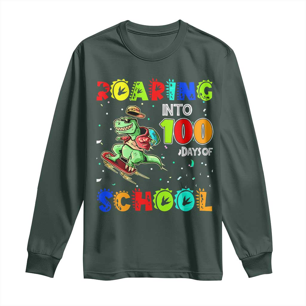 Funny Dinosaur Trex Roaring Into 100 Days Of School Long Sleeve Shirt