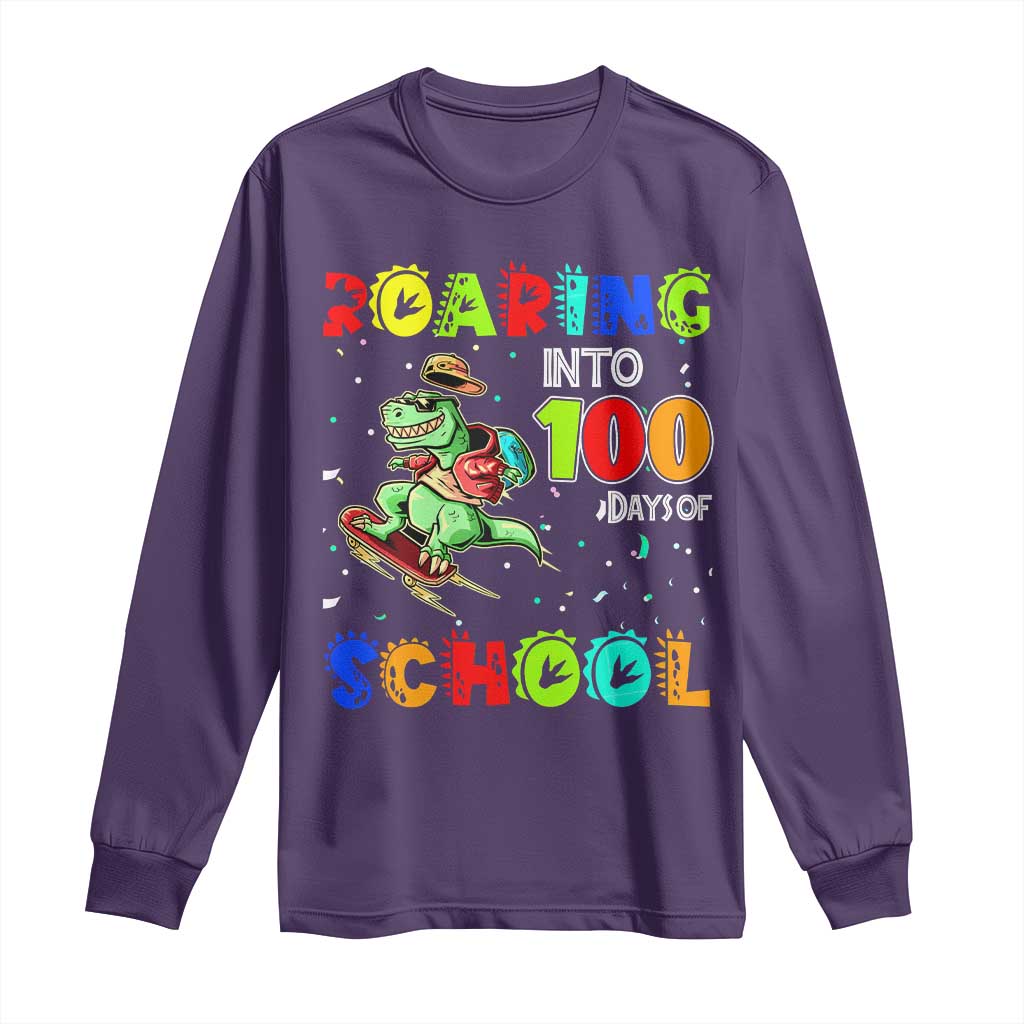 Funny Dinosaur Trex Roaring Into 100 Days Of School Long Sleeve Shirt