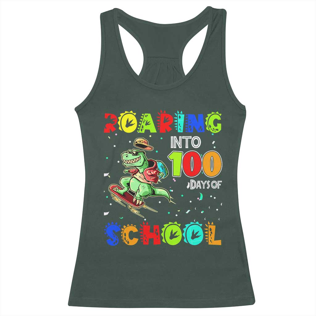 Funny Dinosaur Trex Roaring Into 100 Days Of School Racerback Tank Top