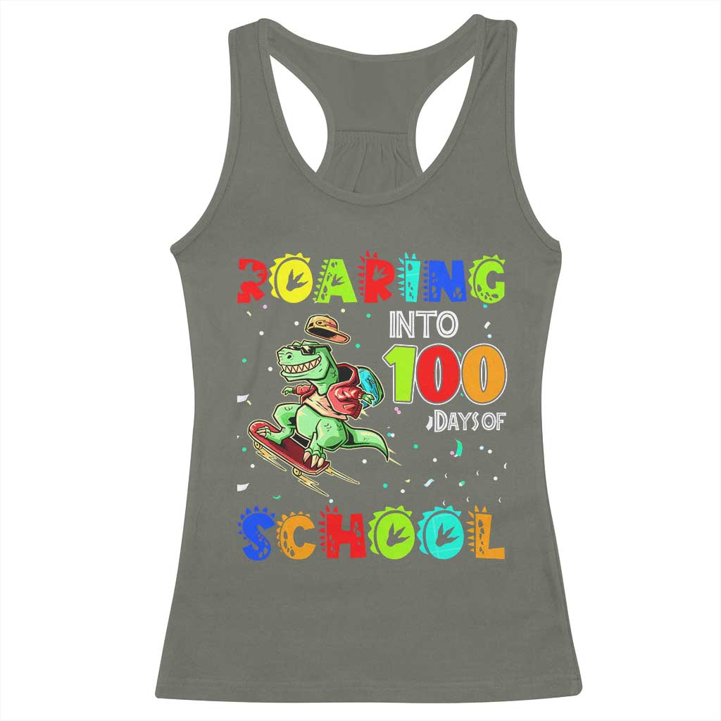 Funny Dinosaur Trex Roaring Into 100 Days Of School Racerback Tank Top