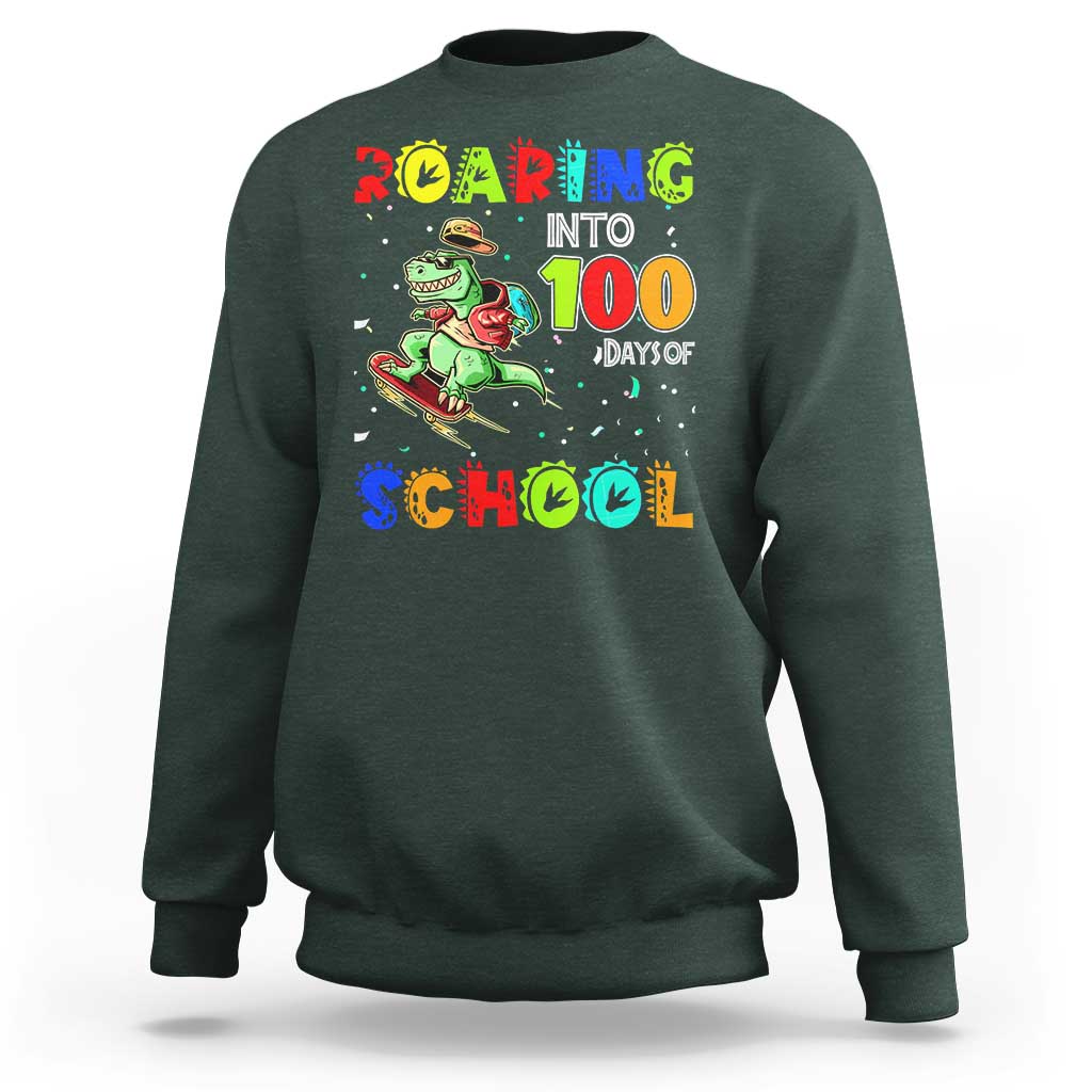 Funny Dinosaur Trex Roaring Into 100 Days Of School Sweatshirt - Wonder Print Shop