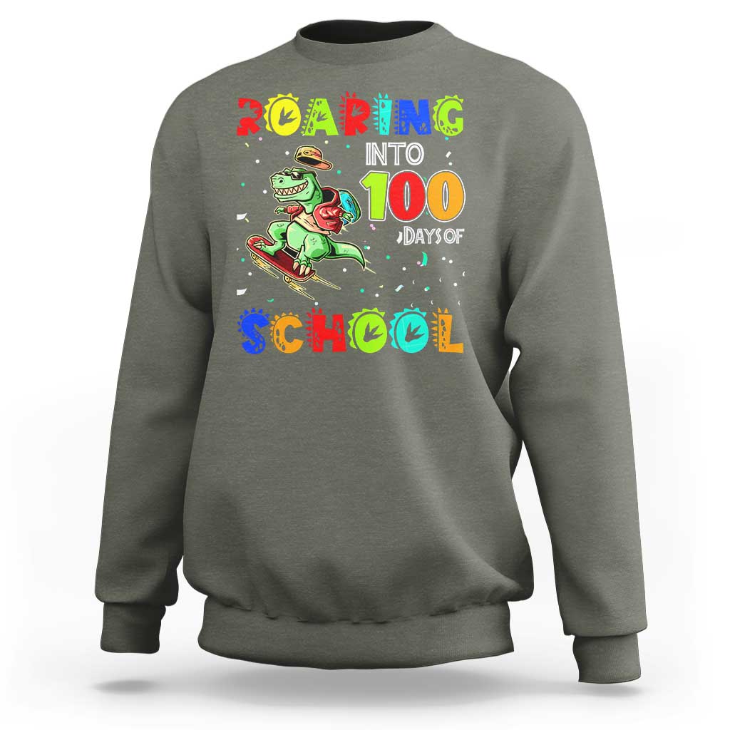 Funny Dinosaur Trex Roaring Into 100 Days Of School Sweatshirt - Wonder Print Shop