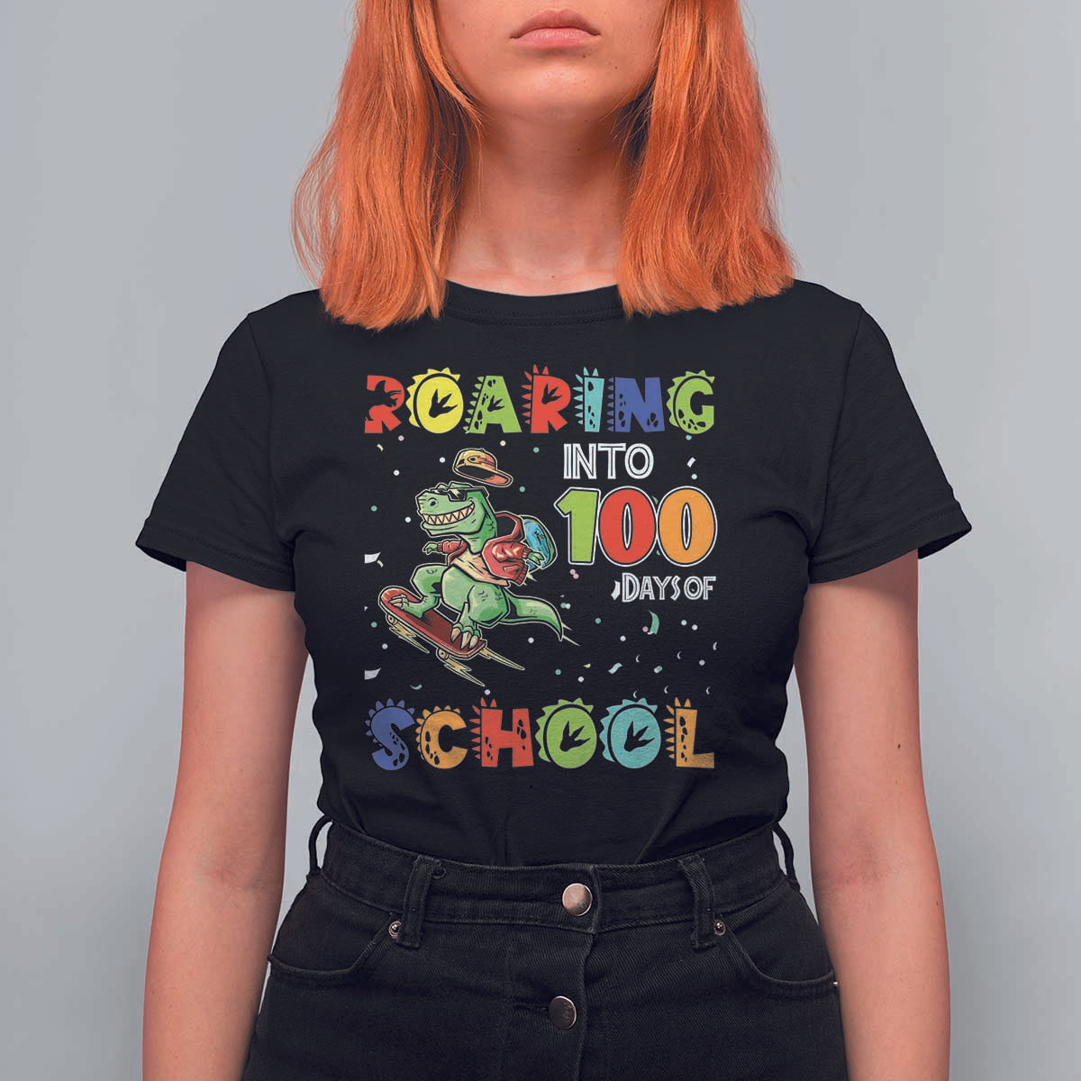 Funny Dinosaur Trex Roaring Into 100 Days Of School T Shirt For Women - Wonder Print Shop