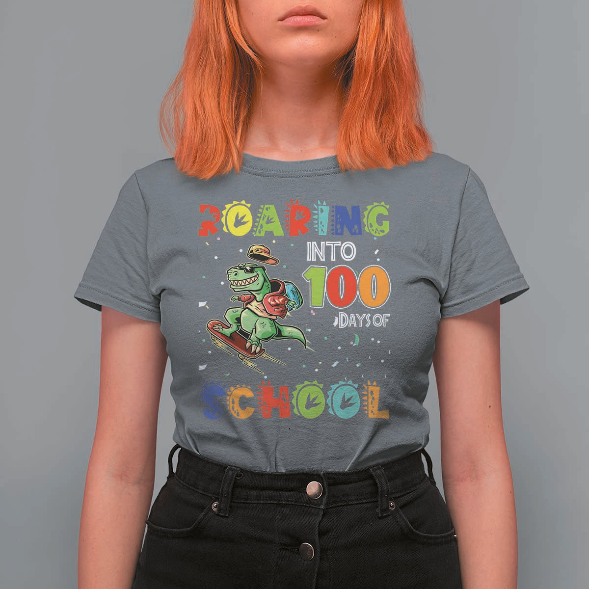 Funny Dinosaur Trex Roaring Into 100 Days Of School T Shirt For Women - Wonder Print Shop
