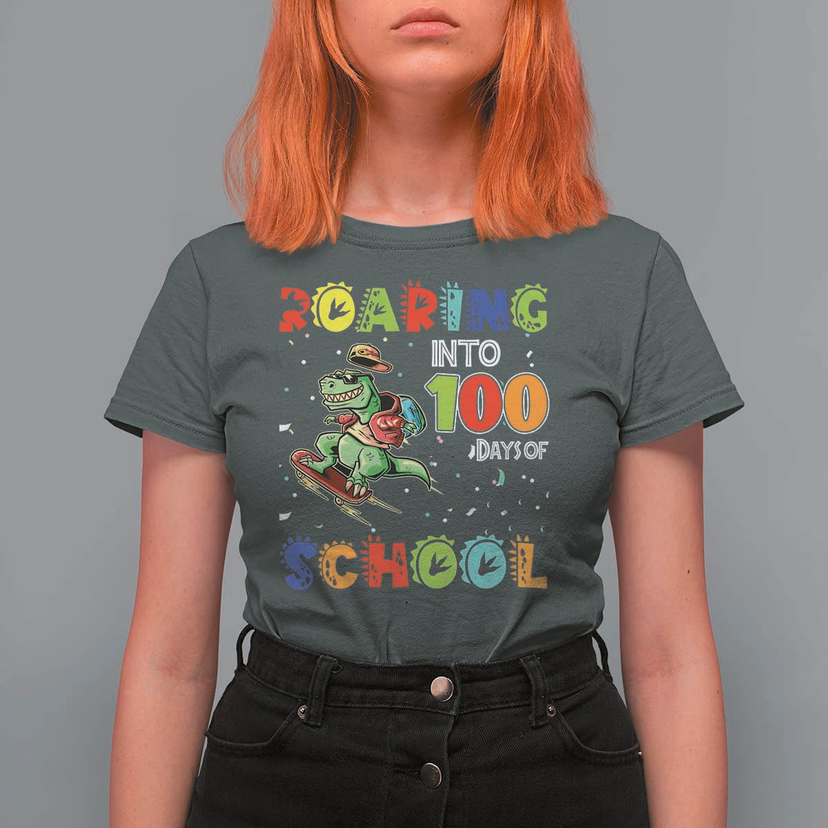 Funny Dinosaur Trex Roaring Into 100 Days Of School T Shirt For Women - Wonder Print Shop