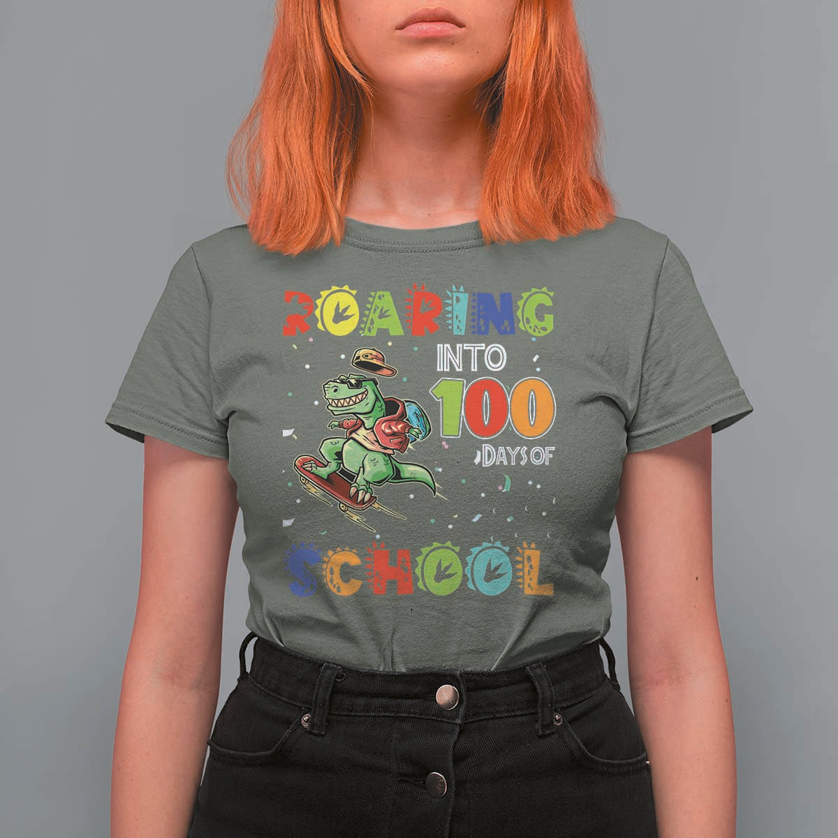 Funny Dinosaur Trex Roaring Into 100 Days Of School T Shirt For Women - Wonder Print Shop