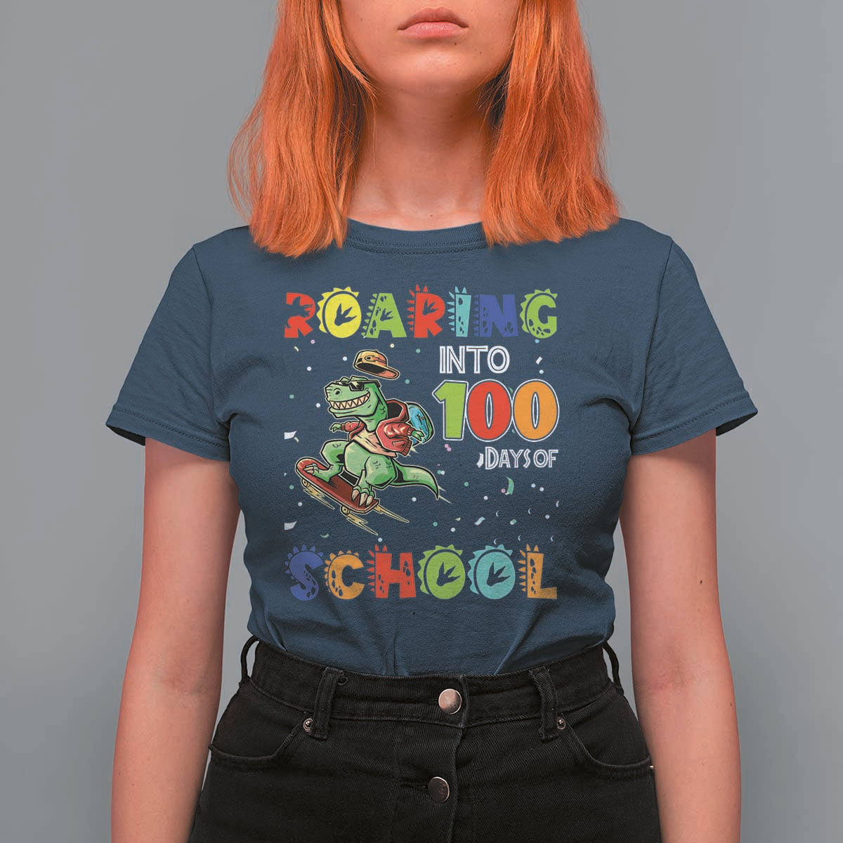 Funny Dinosaur Trex Roaring Into 100 Days Of School T Shirt For Women - Wonder Print Shop