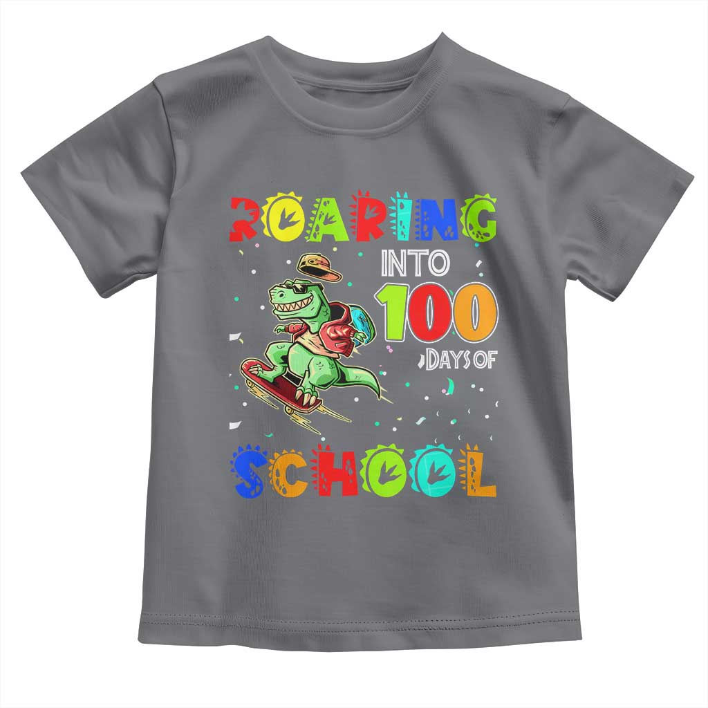 Funny Dinosaur Trex Roaring Into 100 Days Of School Toddler T Shirt