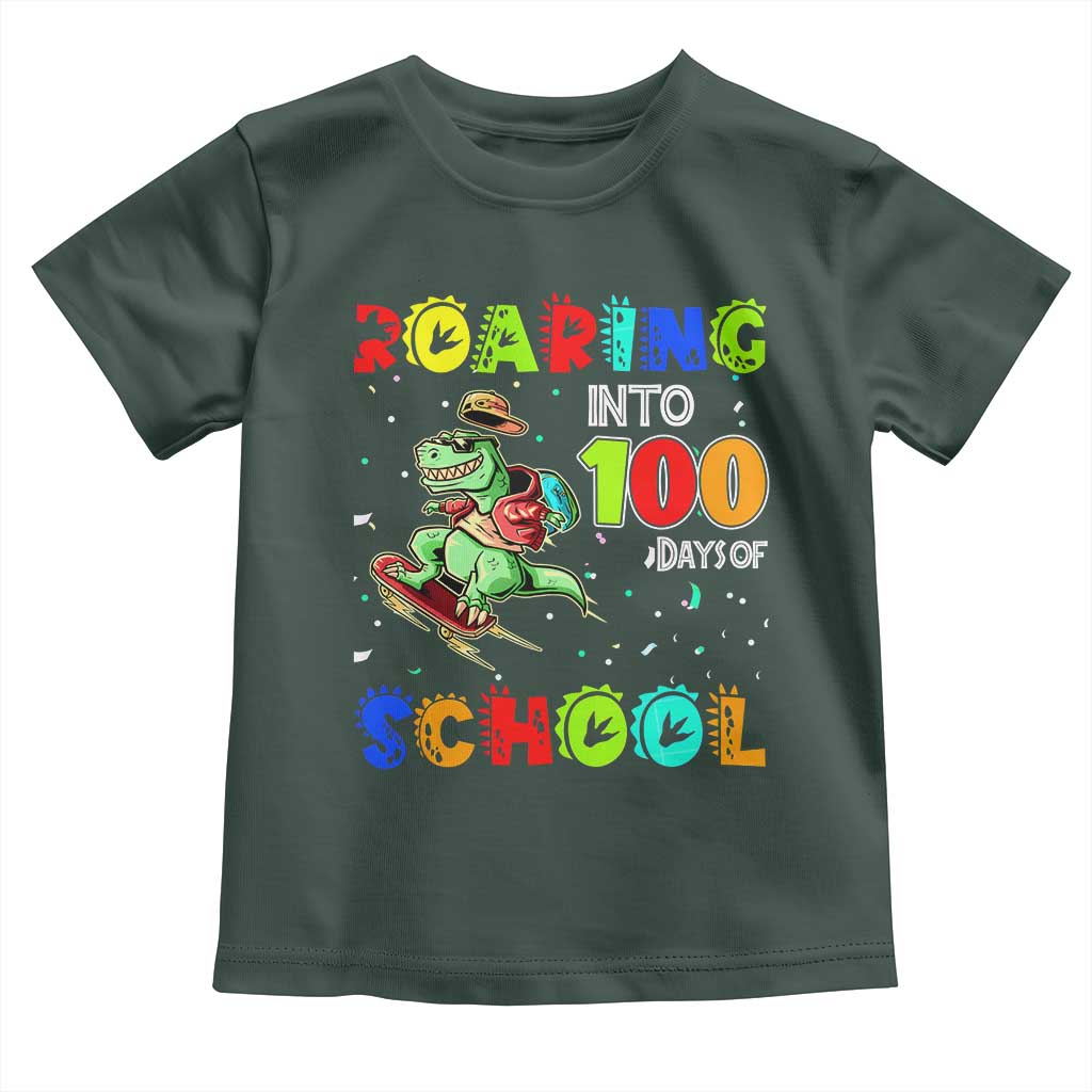 Funny Dinosaur Trex Roaring Into 100 Days Of School Toddler T Shirt