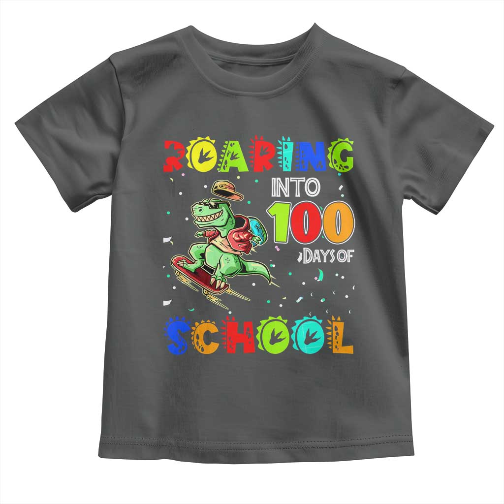 Funny Dinosaur Trex Roaring Into 100 Days Of School Toddler T Shirt