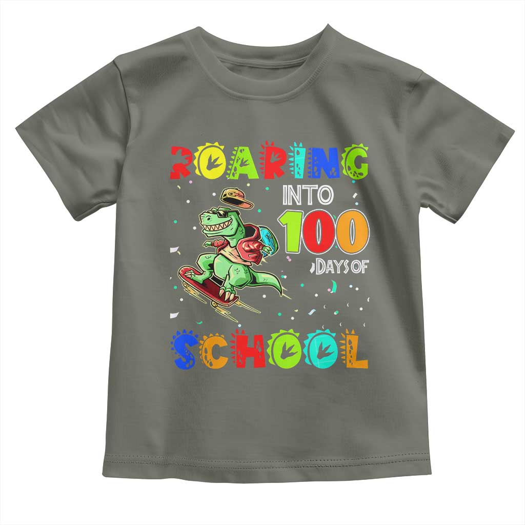 Funny Dinosaur Trex Roaring Into 100 Days Of School Toddler T Shirt