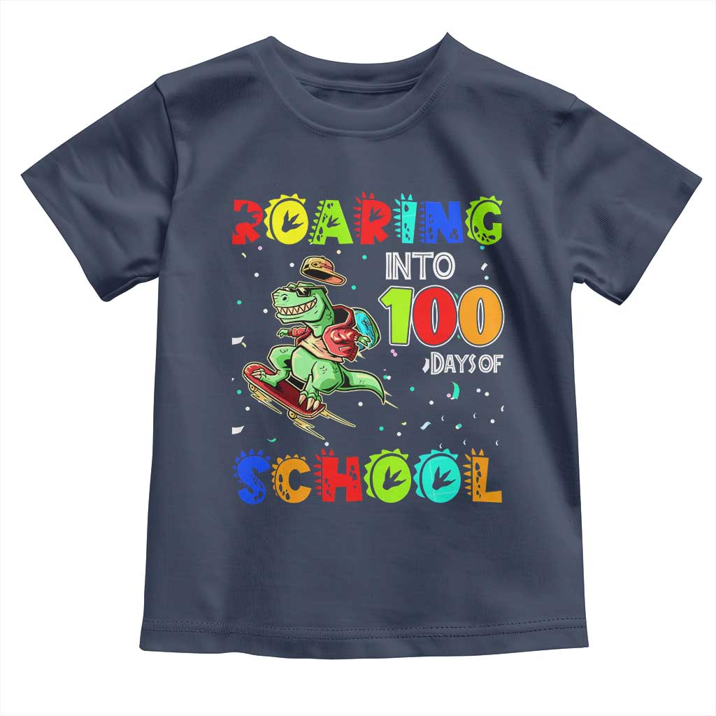 Funny Dinosaur Trex Roaring Into 100 Days Of School Toddler T Shirt