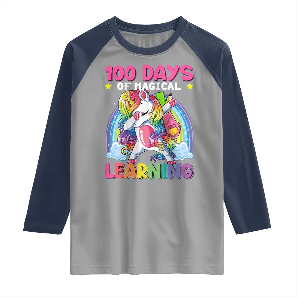 100 Days Of School Raglan Shirt Rainbow Dabbing Unicorn Magic Learning Girls Gift