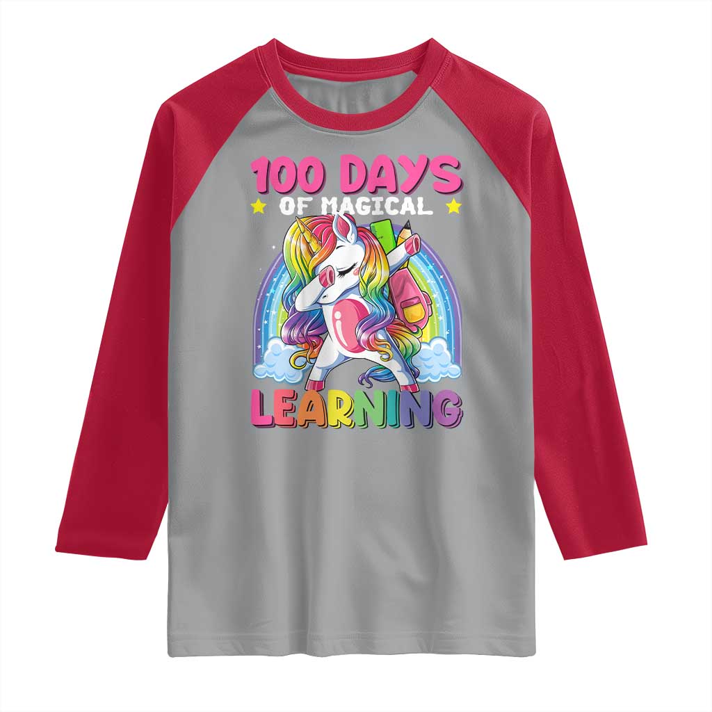 100 Days Of School Raglan Shirt Rainbow Dabbing Unicorn Magic Learning Girls Gift