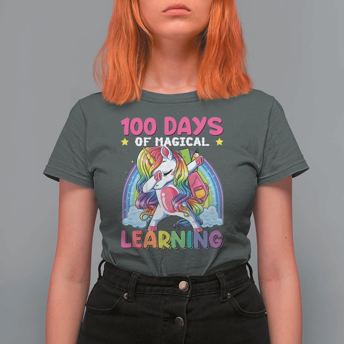 100 Days Of School T Shirt For Women Rainbow Dabbing Unicorn Magic Learning Girls Gift - Wonder Print Shop