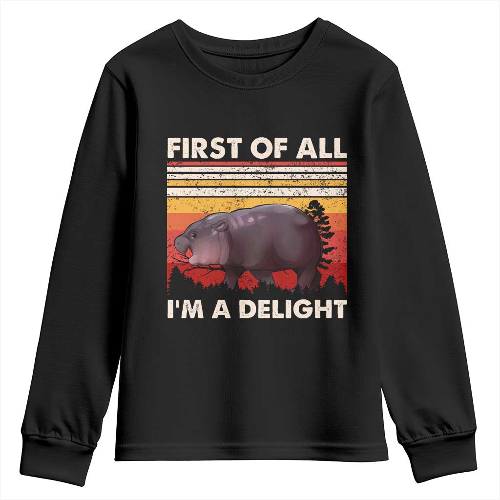 Moo Deng Youth Sweatshirt First Of All I'm A Delight Sarcastic Angry Pygmy Hippo