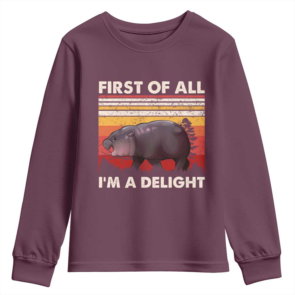 Moo Deng Youth Sweatshirt First Of All I'm A Delight Sarcastic Angry Pygmy Hippo