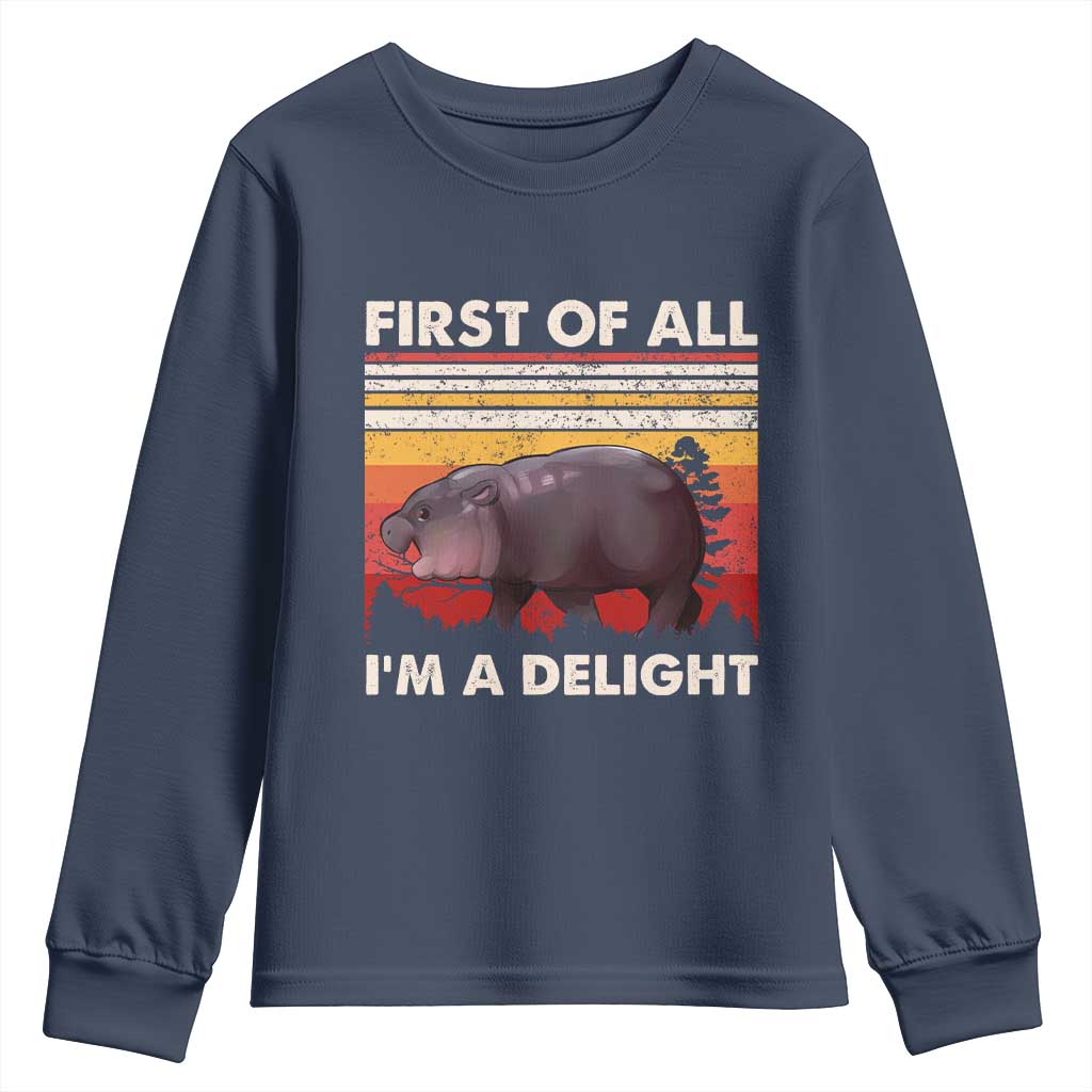 Moo Deng Youth Sweatshirt First Of All I'm A Delight Sarcastic Angry Pygmy Hippo