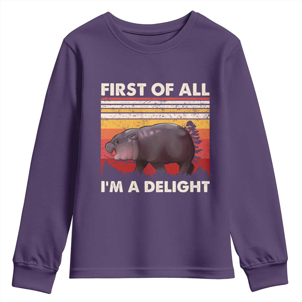Moo Deng Youth Sweatshirt First Of All I'm A Delight Sarcastic Angry Pygmy Hippo