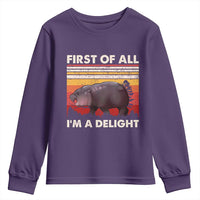Moo Deng Youth Sweatshirt First Of All I'm A Delight Sarcastic Angry Pygmy Hippo