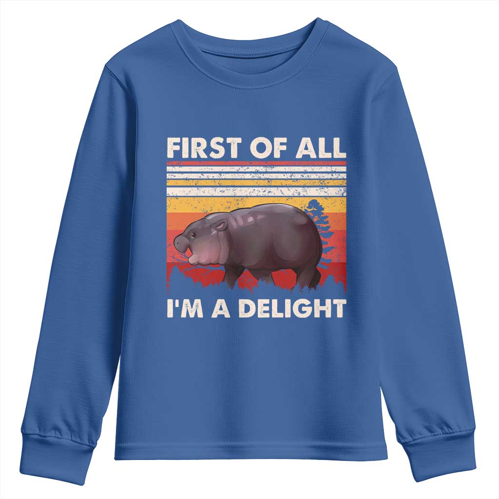 Moo Deng Youth Sweatshirt First Of All I'm A Delight Sarcastic Angry Pygmy Hippo