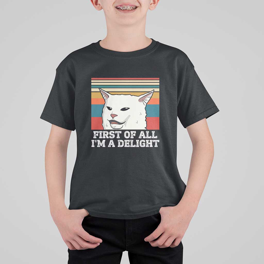 Cat Meme T Shirt For Kid First Of All I'm A Delight Sarcastic Angry Cat
