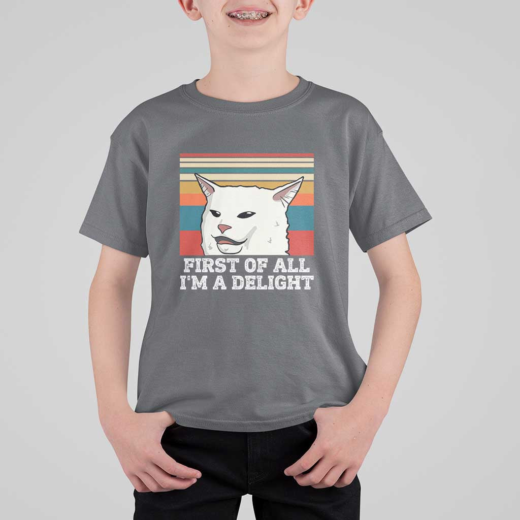 Cat Meme T Shirt For Kid First Of All I'm A Delight Sarcastic Angry Cat