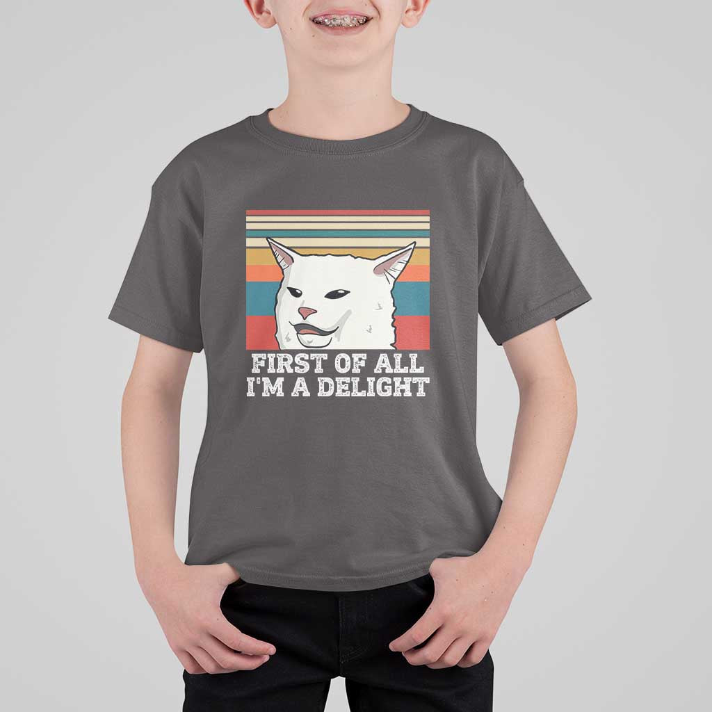 Cat Meme T Shirt For Kid First Of All I'm A Delight Sarcastic Angry Cat