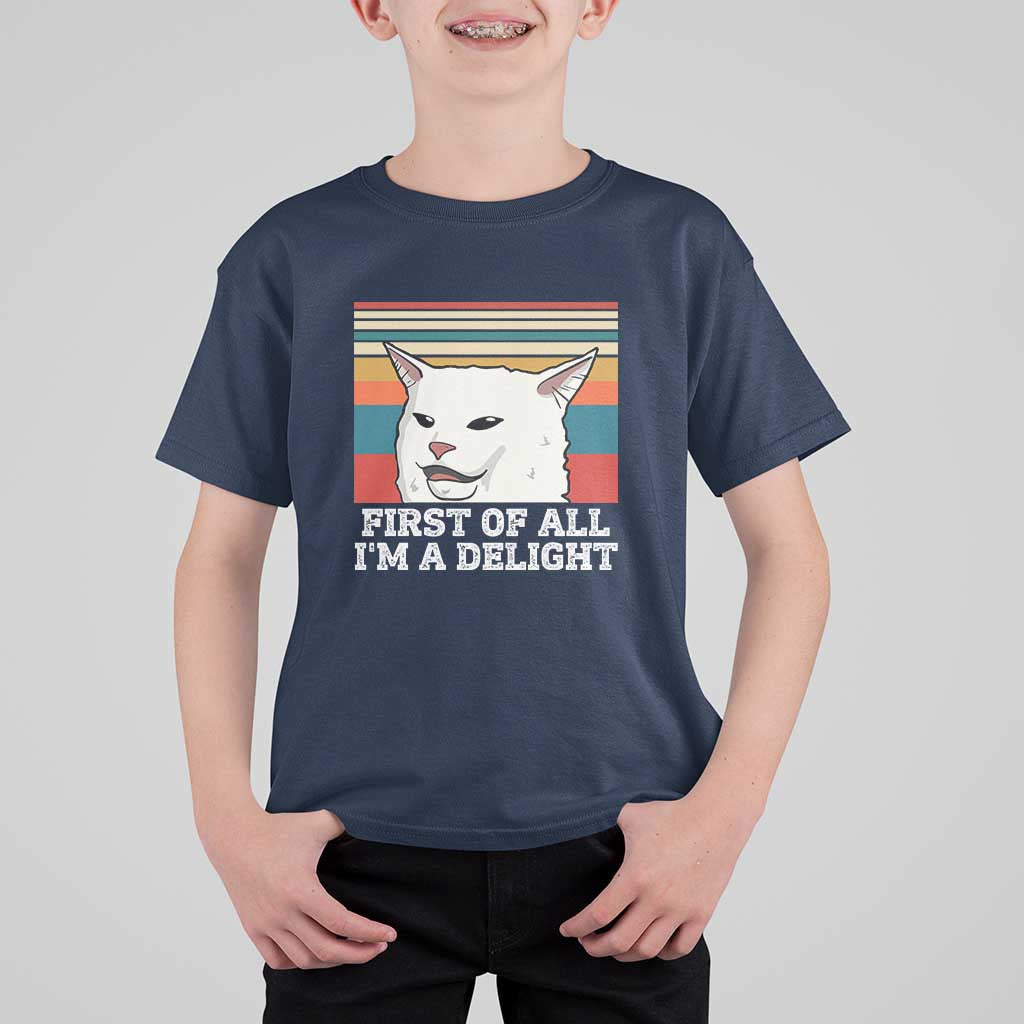 Cat Meme T Shirt For Kid First Of All I'm A Delight Sarcastic Angry Cat