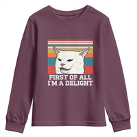 Cat Meme Youth Sweatshirt First Of All I'm A Delight Sarcastic Angry Cat