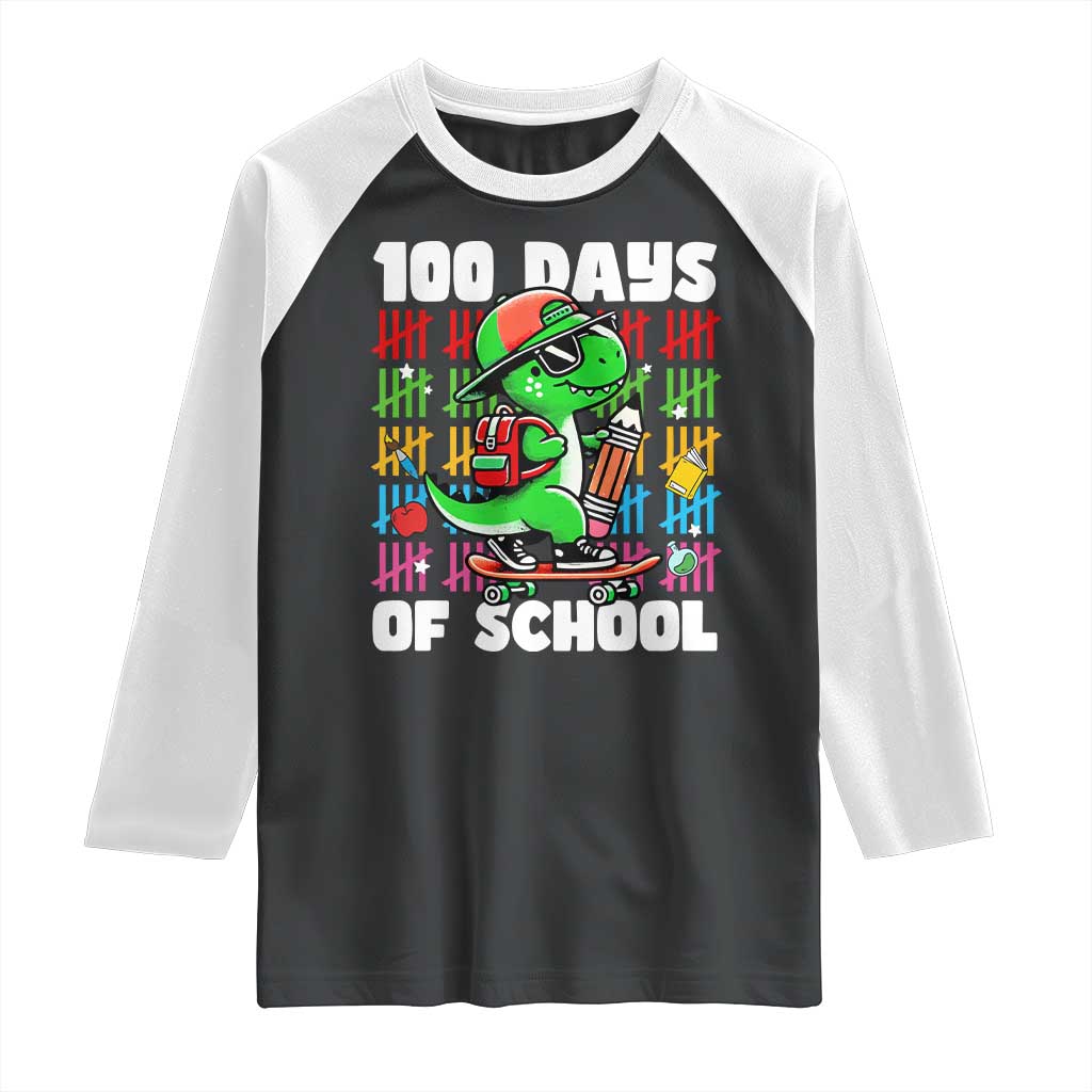 100 Days of School 100th Day Dino Raglan Shirt Trex Dino Skateboard Skateboarding Boys Gift