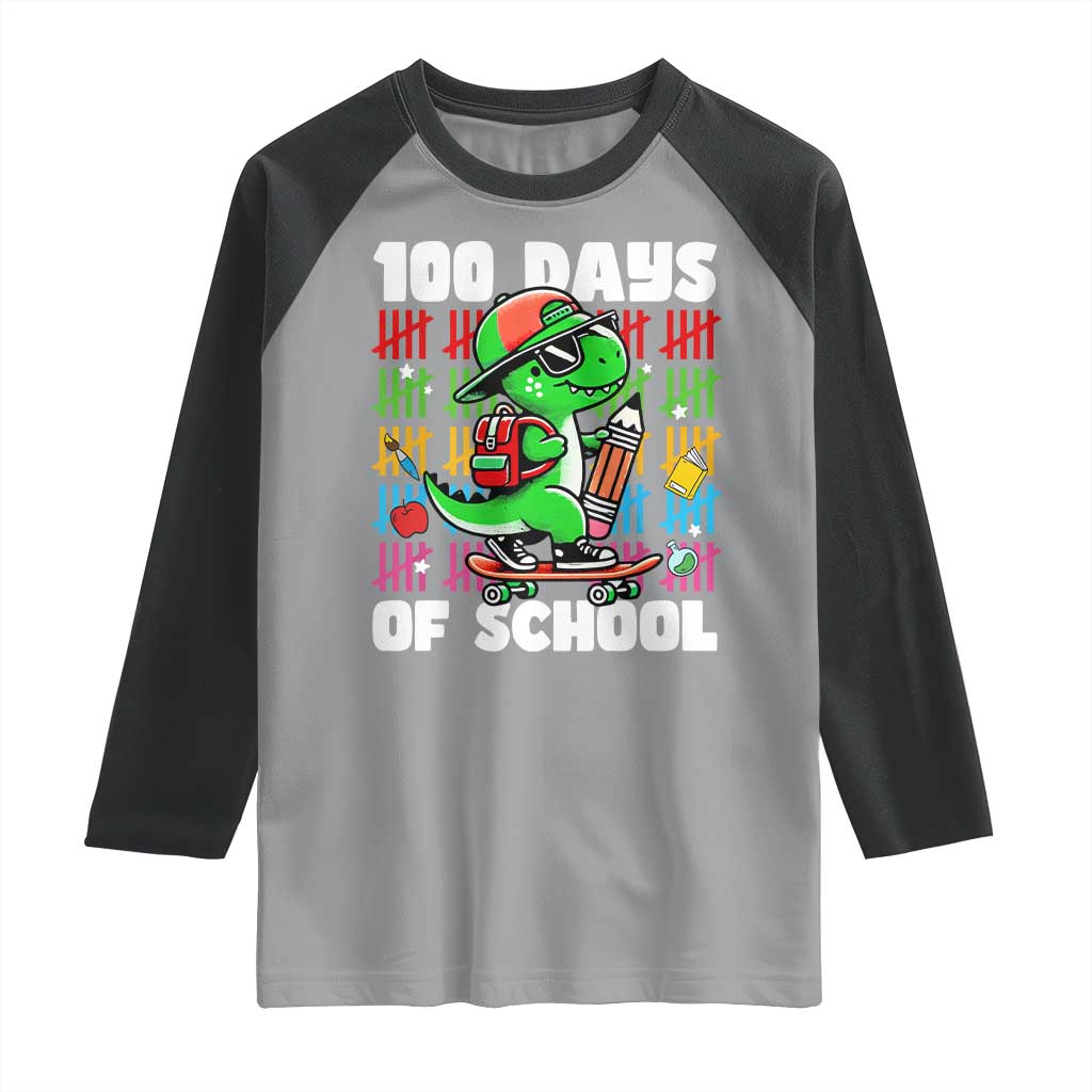 100 Days of School 100th Day Dino Raglan Shirt Trex Dino Skateboard Skateboarding Boys Gift