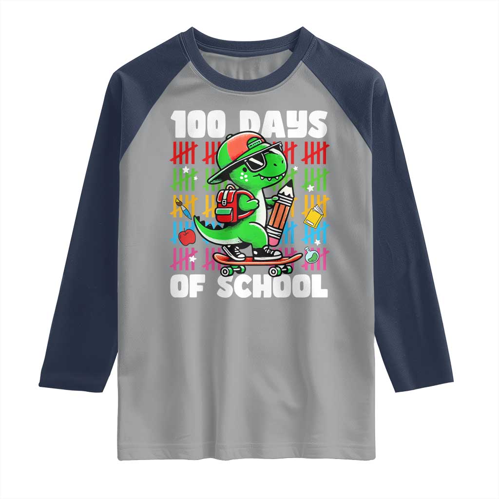 100 Days of School 100th Day Dino Raglan Shirt Trex Dino Skateboard Skateboarding Boys Gift
