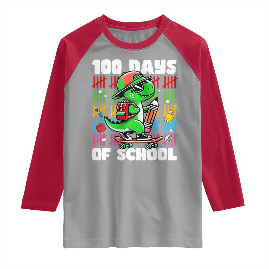 100 Days of School 100th Day Dino Raglan Shirt Trex Dino Skateboard Skateboarding Boys Gift
