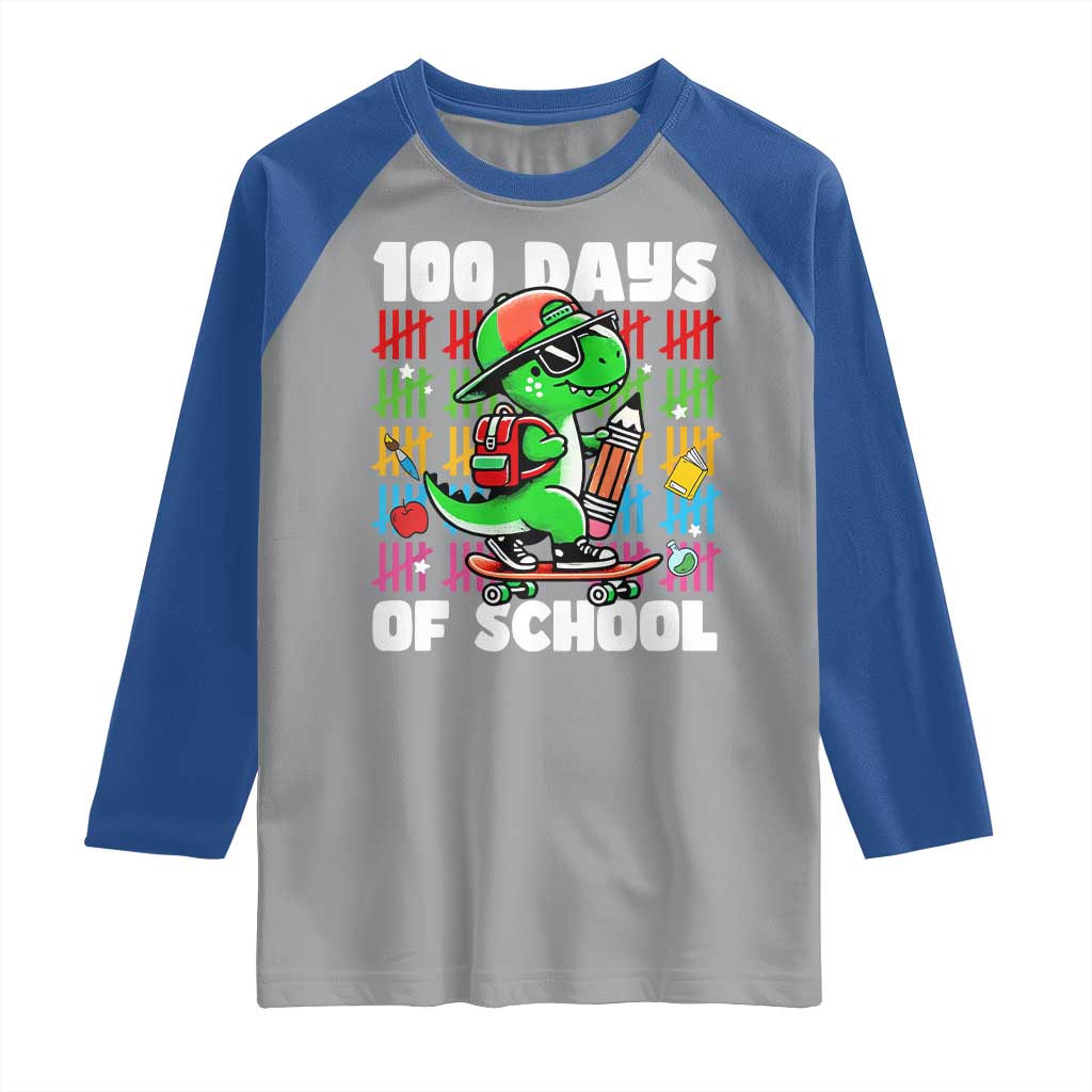 100 Days of School 100th Day Dino Raglan Shirt Trex Dino Skateboard Skateboarding Boys Gift