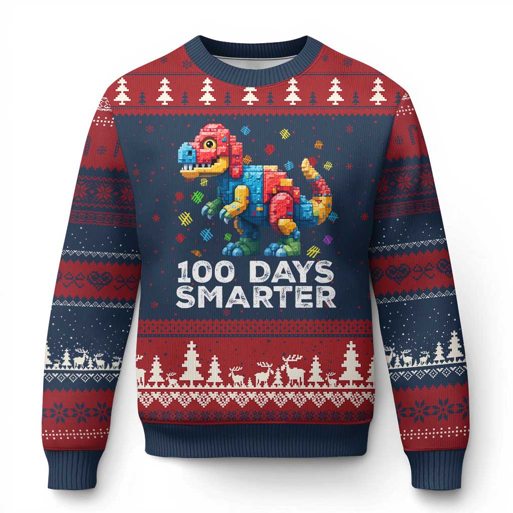 Dinosaur 100 Days Smarter Ugly Christmas Sweater Building Bricks Dinosaur 100th Day Kids