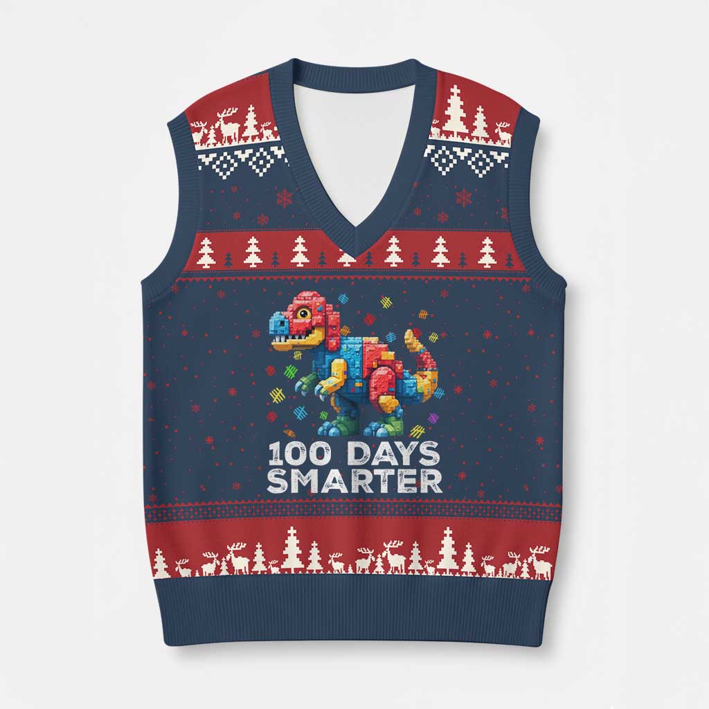 Dinosaur 100 Days Smarter V-Neck Knit Sweater Vest Building Bricks Dinosaur 100th Day Kids