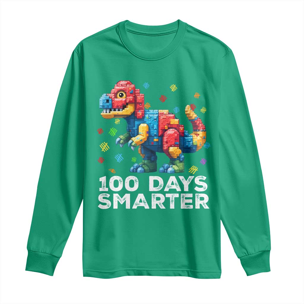 Dinosaur 100 Days Smarter Long Sleeve Shirt Building Bricks Dinosaur 100th Day Kids