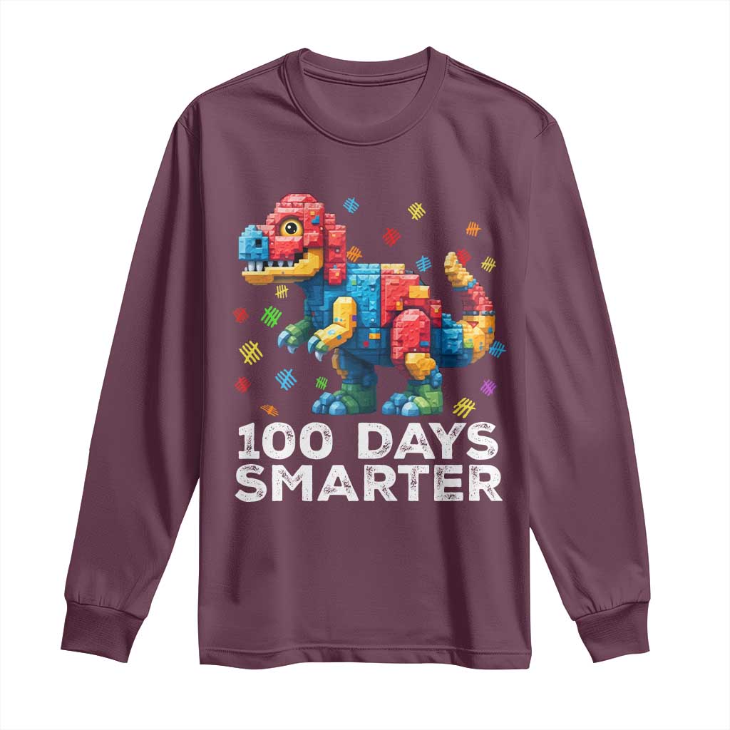 Dinosaur 100 Days Smarter Long Sleeve Shirt Building Bricks Dinosaur 100th Day Kids