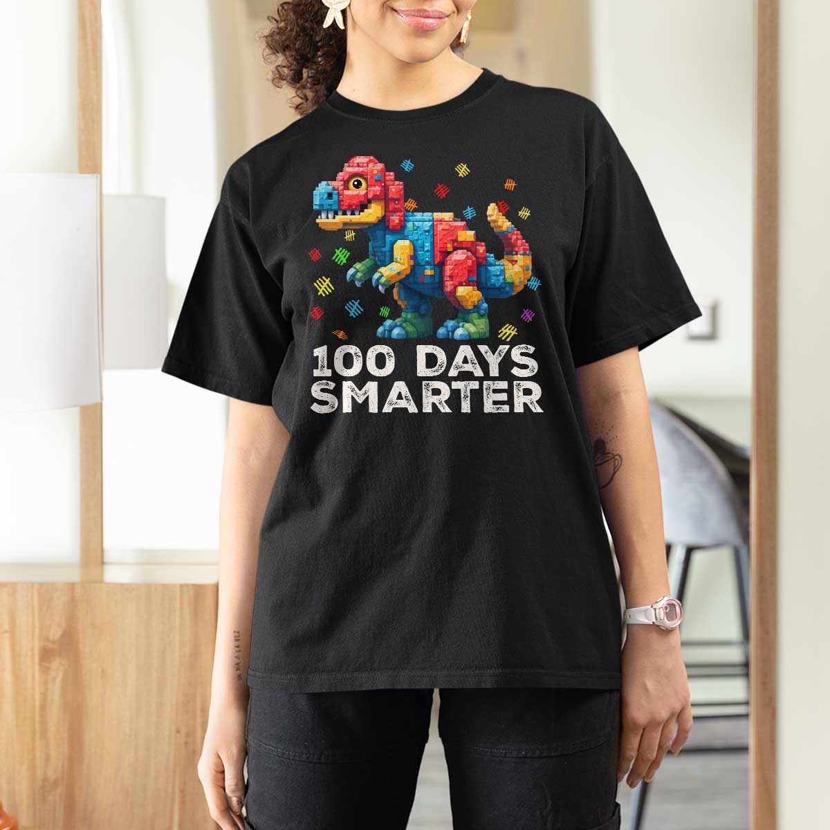 Dinosaur 100 Days Smarter T Shirt For Women Building Bricks Dinosaur 100th Day Kids
