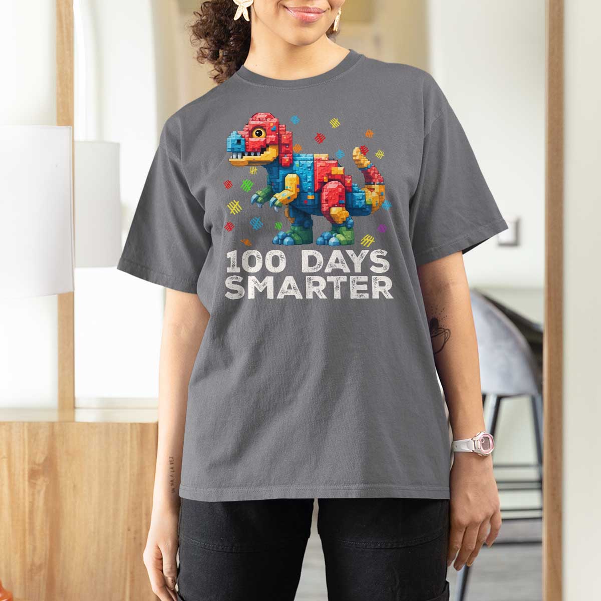 Dinosaur 100 Days Smarter T Shirt For Women Building Bricks Dinosaur 100th Day Kids