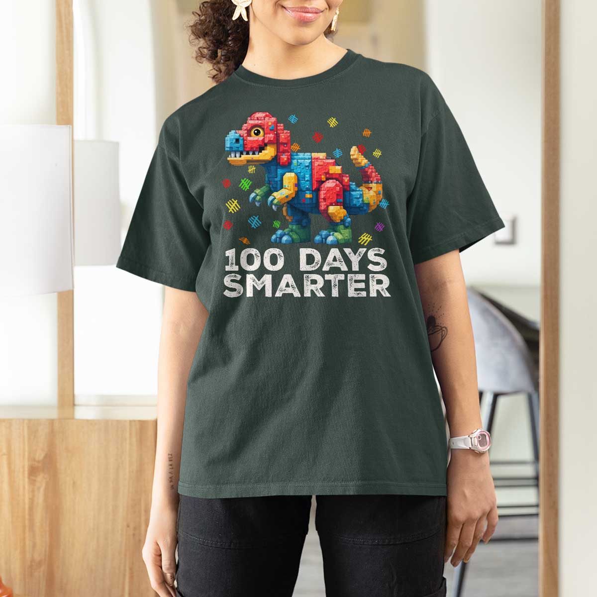 Dinosaur 100 Days Smarter T Shirt For Women Building Bricks Dinosaur 100th Day Kids