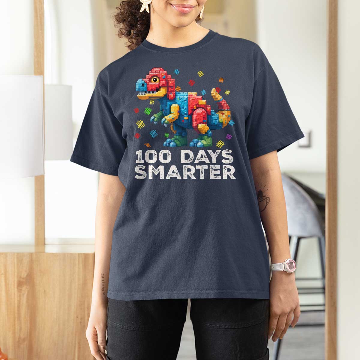 Dinosaur 100 Days Smarter T Shirt For Women Building Bricks Dinosaur 100th Day Kids