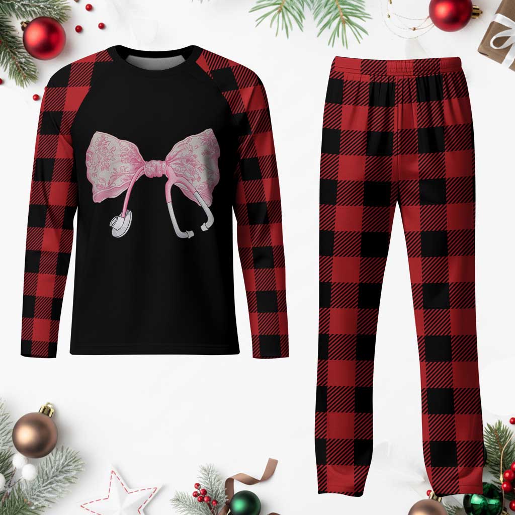 Pink Coquette Nurse Plaid Pajama Set Toile de Jouy Stethoscope Bow - Wonder Print Shop